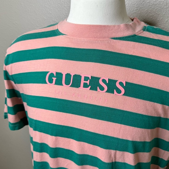 GUESS Men's Striped Tee in Pink and Green - Picture 2 of 3